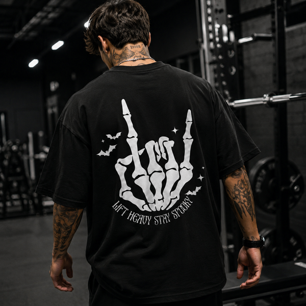 Lift Heavy Stay Spooky - Skeleton Hand, Bats and Bold Back Print - mockup